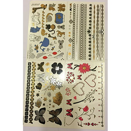 Temporary Tattoos - 4 Pages of Metallic Temporary Tattoos for Kids (Girls) - Black, Silver, Pink, Blue & Gold Tattoo Jewelry, Animals, Butterflies, Bracelets, Flowers, Hearts, & More | Twink