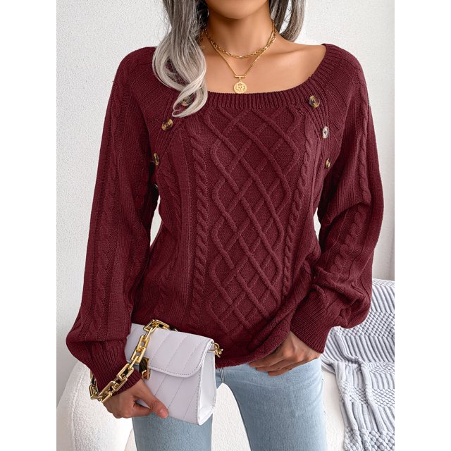 RWJDXD Pullovers et Chandails Tricotés à Manches Longues pour Femmes Col Carré Décontracté Automne Hiver 2023