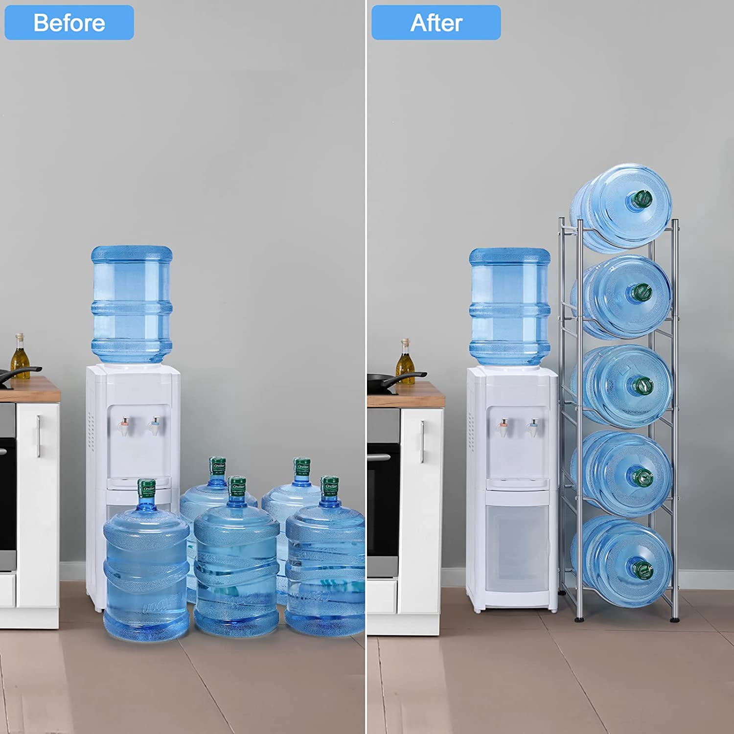 Oumilen Adult 5 Gallon Water Jug Holder Water Bottle Storage Rack 5-Tier, Silver