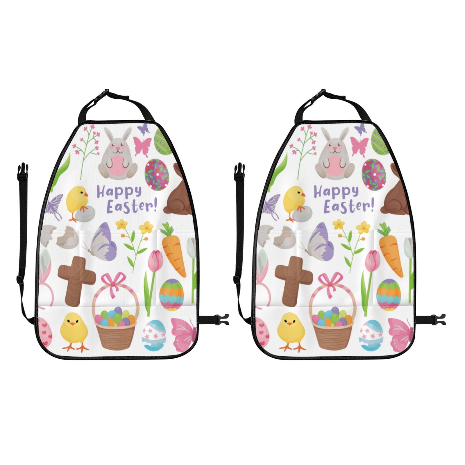 Kdxio Happy Easter1 Print 2 Pack Car Kick Mat Seat Cover Back Protector Mat with Pockets for Organizer Backseat Protector and Storage Anti Kick Pad for Vehicles