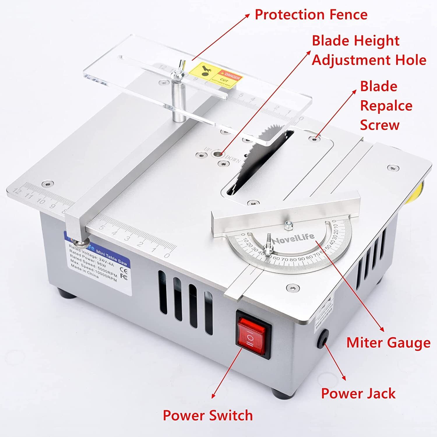 TOPCHANCES Mini Hobby Table Saw with Miter Gauge, 2.5 Inch HSS Alloy Steel Circular Saw Blade,96W Adjustable-Speed Power Supply for DIY Handmade Wooden Model Crafts