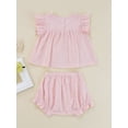thumbnail image 4 of Seyurigaoka 2Pcs Infant Baby Girls Summer Outfits, Solid Color Round Neck Short Sleeve Lace Tops + Elastic Waist Shorts Set, 4 of 8