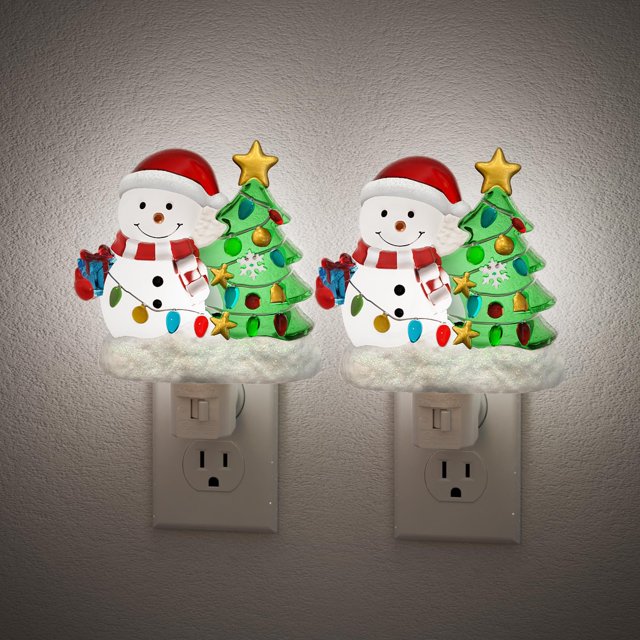 Night Light JandCase con forma de árbol de Navidad y muñeco de nieve, paquete de 2