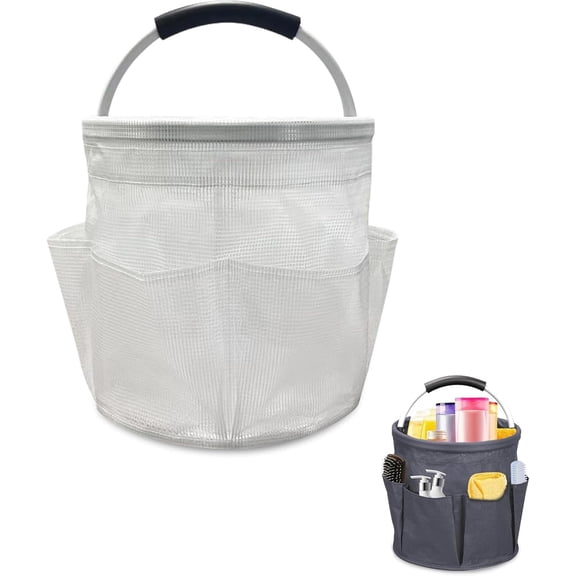 17L Cleaning Caddy with Handle, Foldable Cleaning Supply Caddy, with Handle and 6 Pockets, for Outdoor Camping Harvest Basket Bathroom Storage (White)