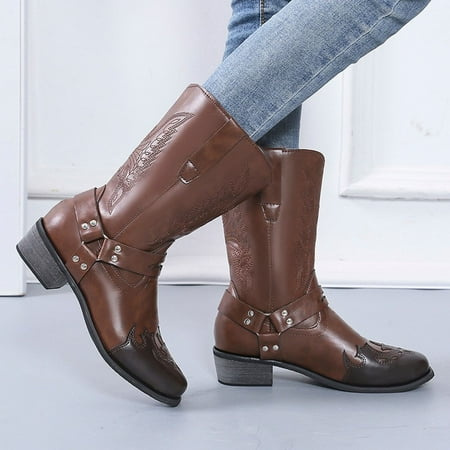

FITORON Womens Mid Calf Boots- Printeding Square Head Side Zipper Autumn Fashion Low-heeled Shoes Brown 42
