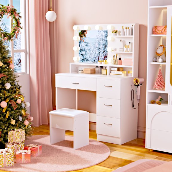 LIVELYGLOW Makeup Vanity Set with Stool, Lighted Mirror, Vanity Desk with 5 Shelves & 4 Drawers, Power Outlet & Hairdryer Holder, Vanity Dressing Table Perfect gift for Bedroom - White