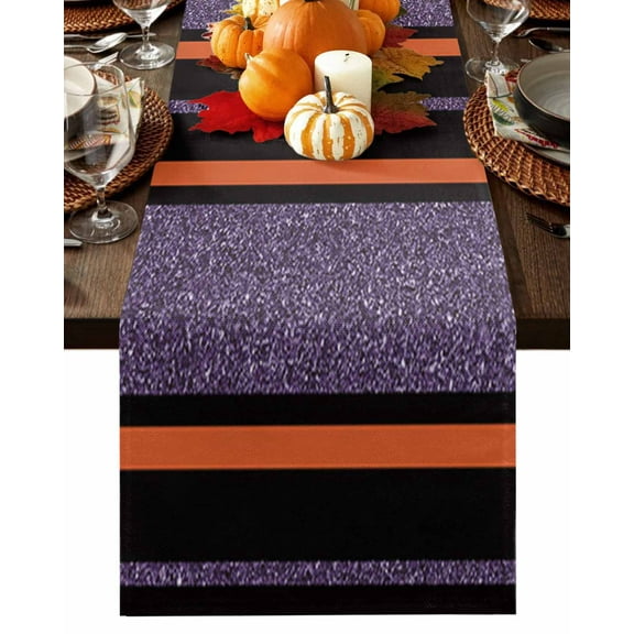 Table Runner 120 Inches Long, Halloween Theme Orange Purple Stripes Pattern Cotton Linen Table Runners Non-Slip Durable Dresser Scarves for Table Party Dinner Holiday Home Decor, 1 Pack