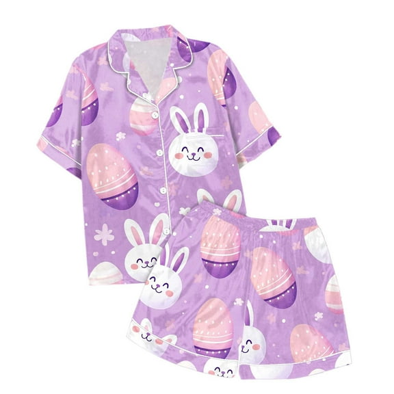 Byoo Toddler Girls Easter Homewear Outfit Soft Cartoon Bunny Egg Printed Button Down Shirt Shorts 2pcs Set Breathable Sleepwear Set, Sizes 3-4T