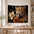 thumbnail image 5 of Leopard Portrait Among Magnolia and Dahlias on Black Dramatic Illustration for Animal Lovers, Realistic Wildlife Art Housewarming Gift, Tapestry Wall Hanging for Bedroom and Living Room, 5 of 7