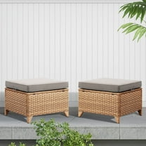 PARKWELL 2PCS Outdoor Wicker Ottoman Patio Rattan Furniture Footrest Seat Square Footstool w/Beige Cushion