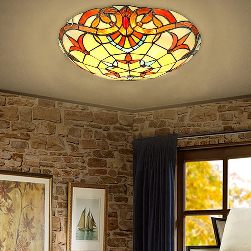 FETCOI Tiffany Style Flush Mount Ceiling Light Vintage Style Ceiling Lamp in Glass Material Victorian Close to Ceiling Light Fixtures