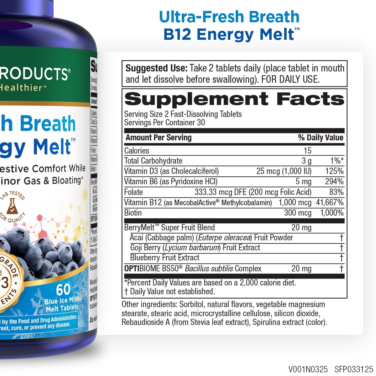Ultra Fresh Breath B12 Energy Melts – Mint Flavor, Methylcobalamin 1000 mcg + Probiotics, Zinc, D3 & Biotin, 60‑Count