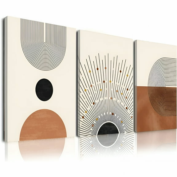 LAMIRO Minimalist Boho Wall Art Set of 3, Mid-Century Modern Wall Art Decor, Neutral Geometric Line Sun Canvas Prints Artwork, Framed Abstract Boho Wall Art Decor for Bathroom, Bedroom, Living Room