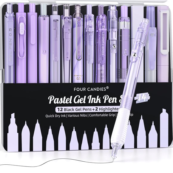 Juego de bolígrafos de tinta de gel con cuatro caramelos, paquete de 14, con iluminador morado