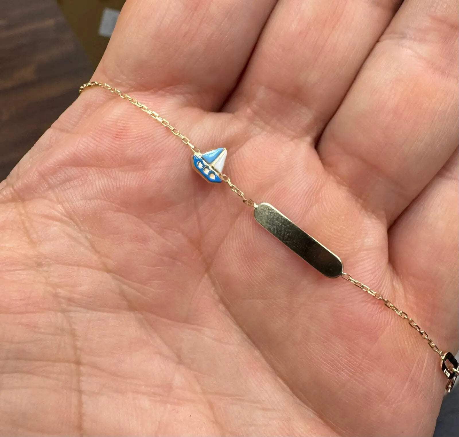 18K Solid Yellow Gold Light blue and white Enamel Sail Boat Id Bracelet 5.5 inches with extra ring at 4.75 inches