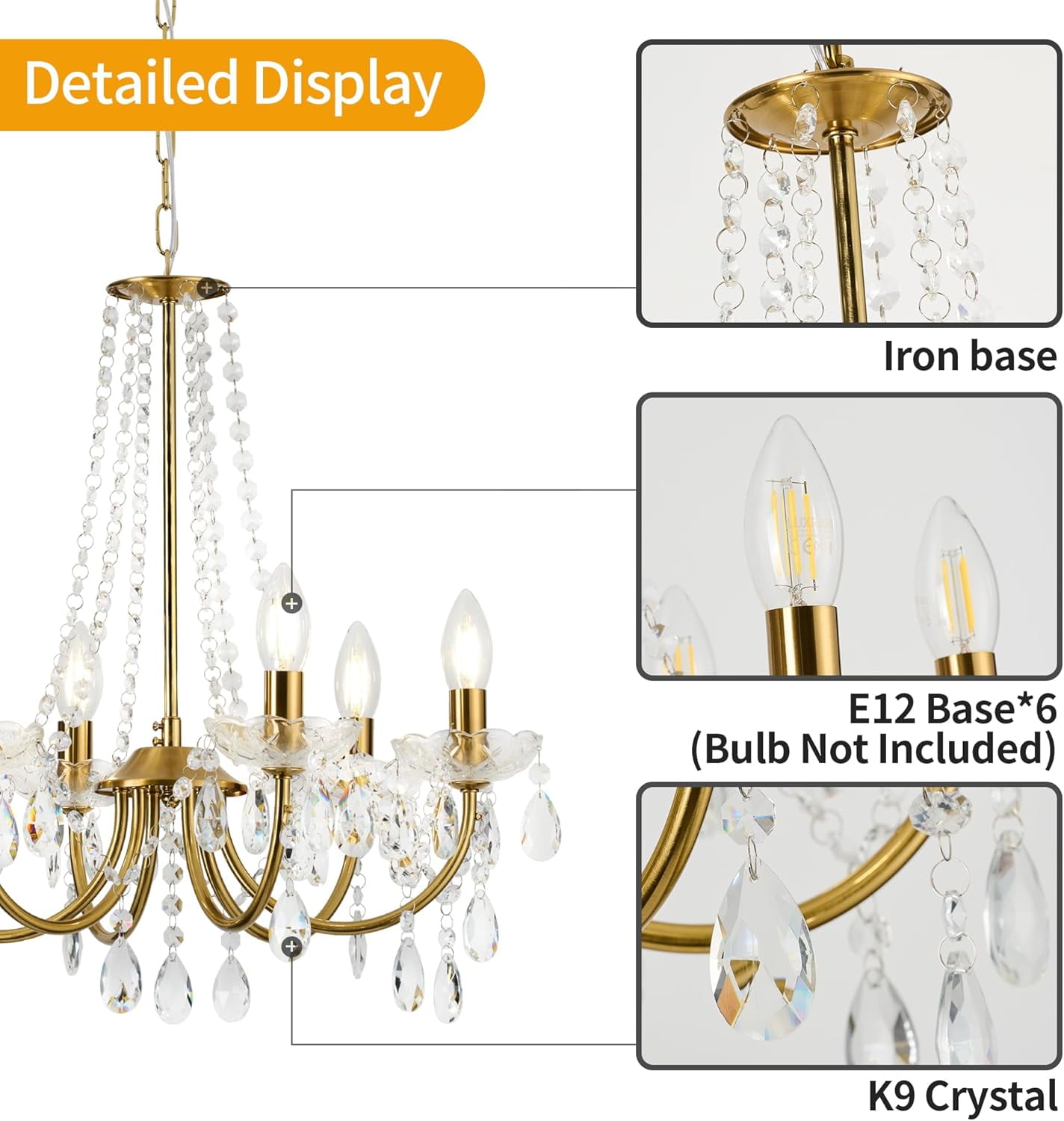 Plug in Crystal Chandelier for Living Room,Golden Hanging Pendant Light with Clear 14.76 ft Cord and On/Off, 6 Light Crystal Chandelier for Wedding, Kitchen, Dining,Foyer
