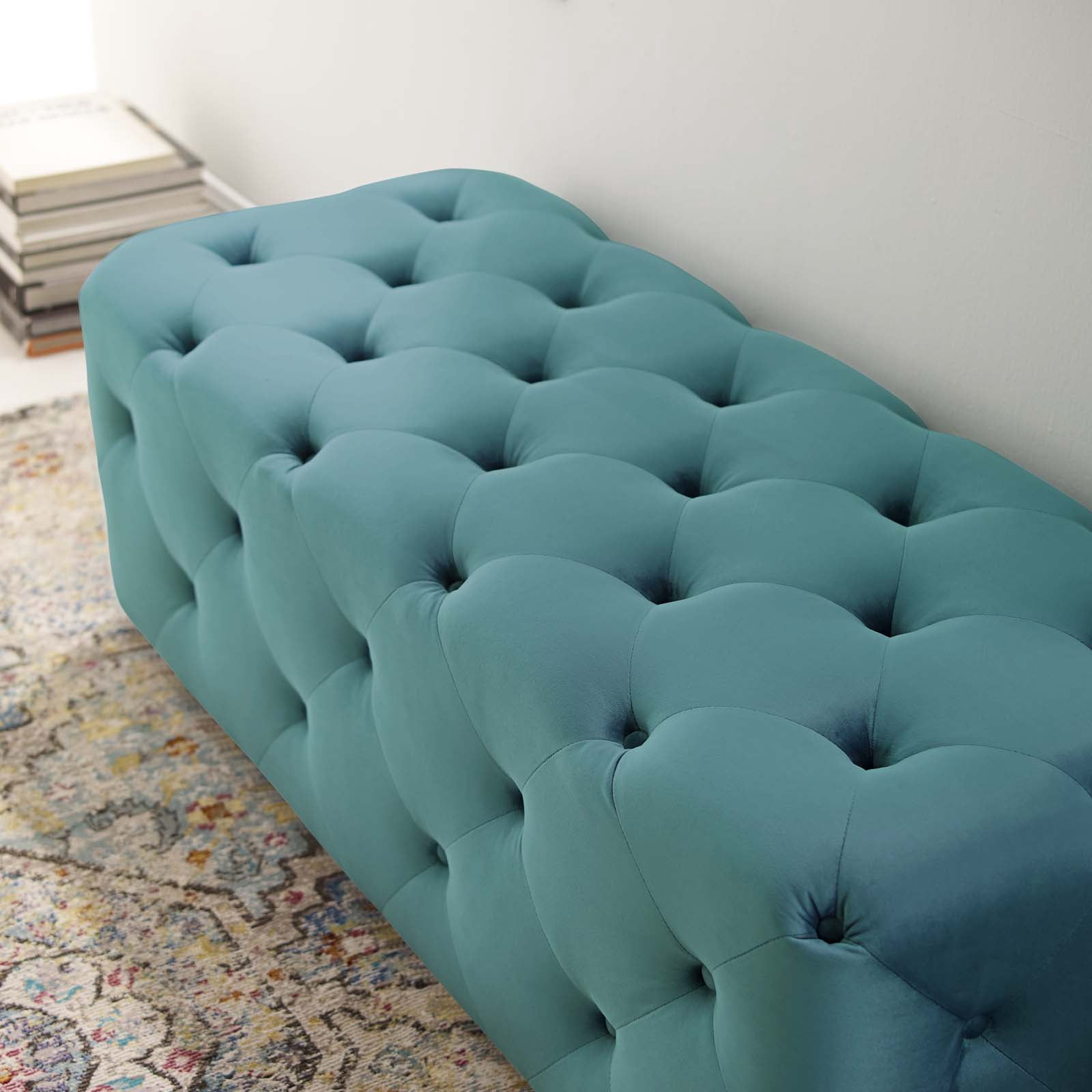 Modway Amour 48" Tufted Button Entryway Performance Velvet Bench in Sea Blue