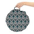 thumbnail image 2 of Moroccan Round Floor Cushion with Handle, Continuous Ikat Folklore Ornaments Vibrant Detail Print, Decorative Pillow for Living Room & Dorms, 18" Round, Dark Green Multicolor, by Ambesonne, 2 of 4
