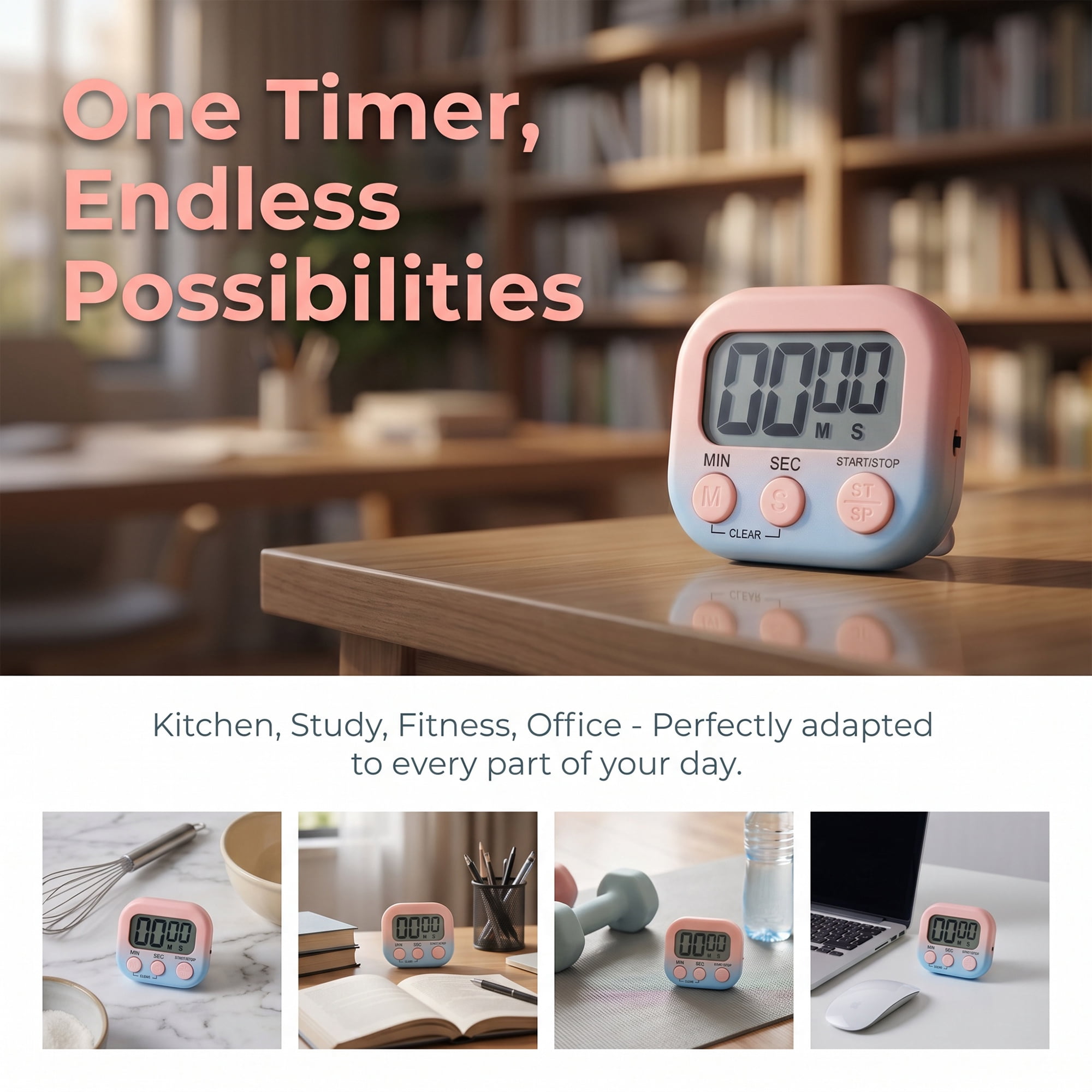 Unique Bargains Kitchen Timer with Loud Alarm and Magnetic Backing for Study Pink Blue