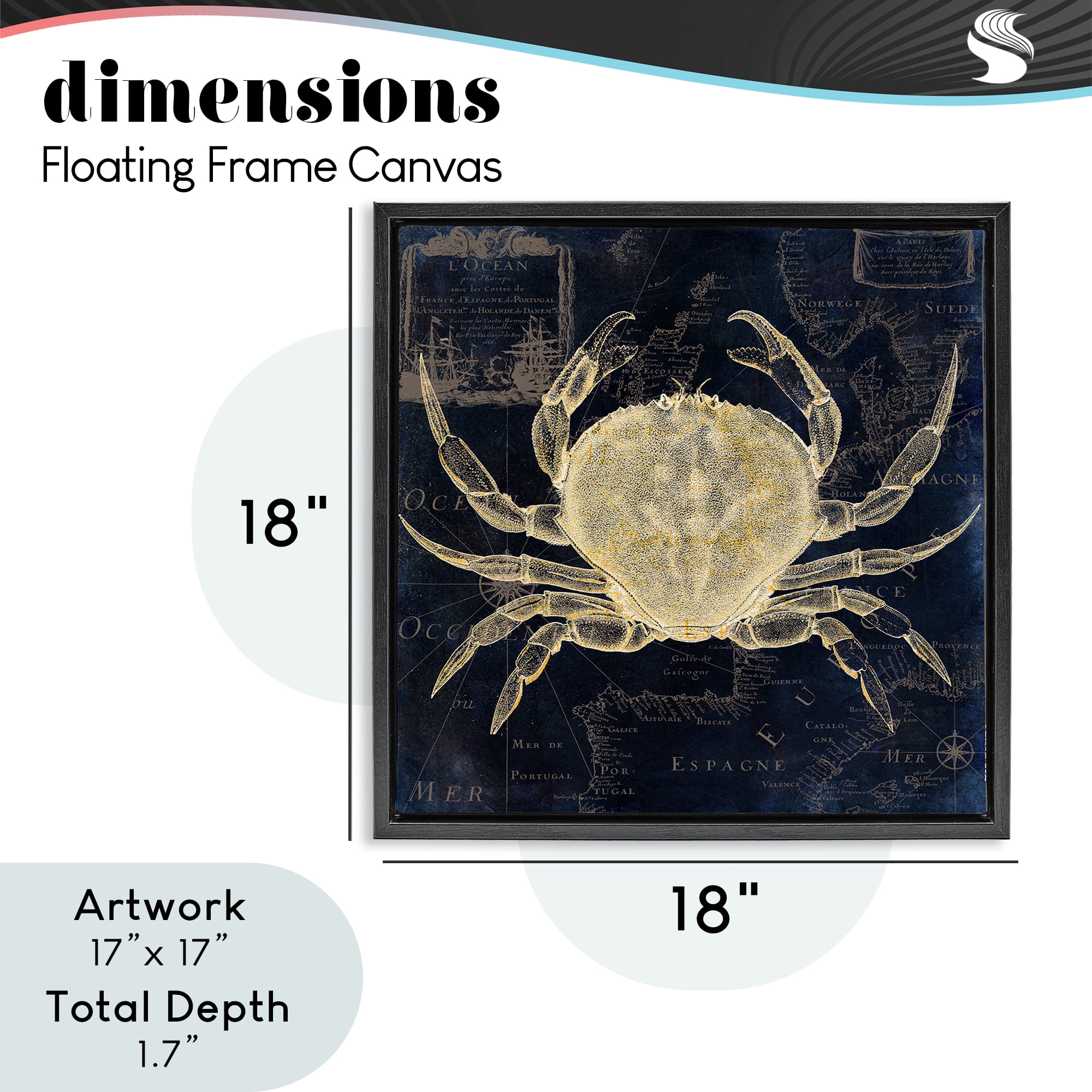 Crab Contour over Map Black Framed Floater Canvas Wall Art, design by Sasha
