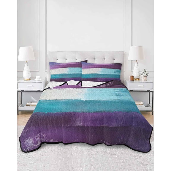 Quilts Twin Size, Purple Turquoise Soft Comforter Bedding Set for Bed, Modern Abstract Oil Painting Art Geometric Lightweight Quilted Bedspread with Pillow Cover(2 Pieces) for All Season, 68x86 Inch