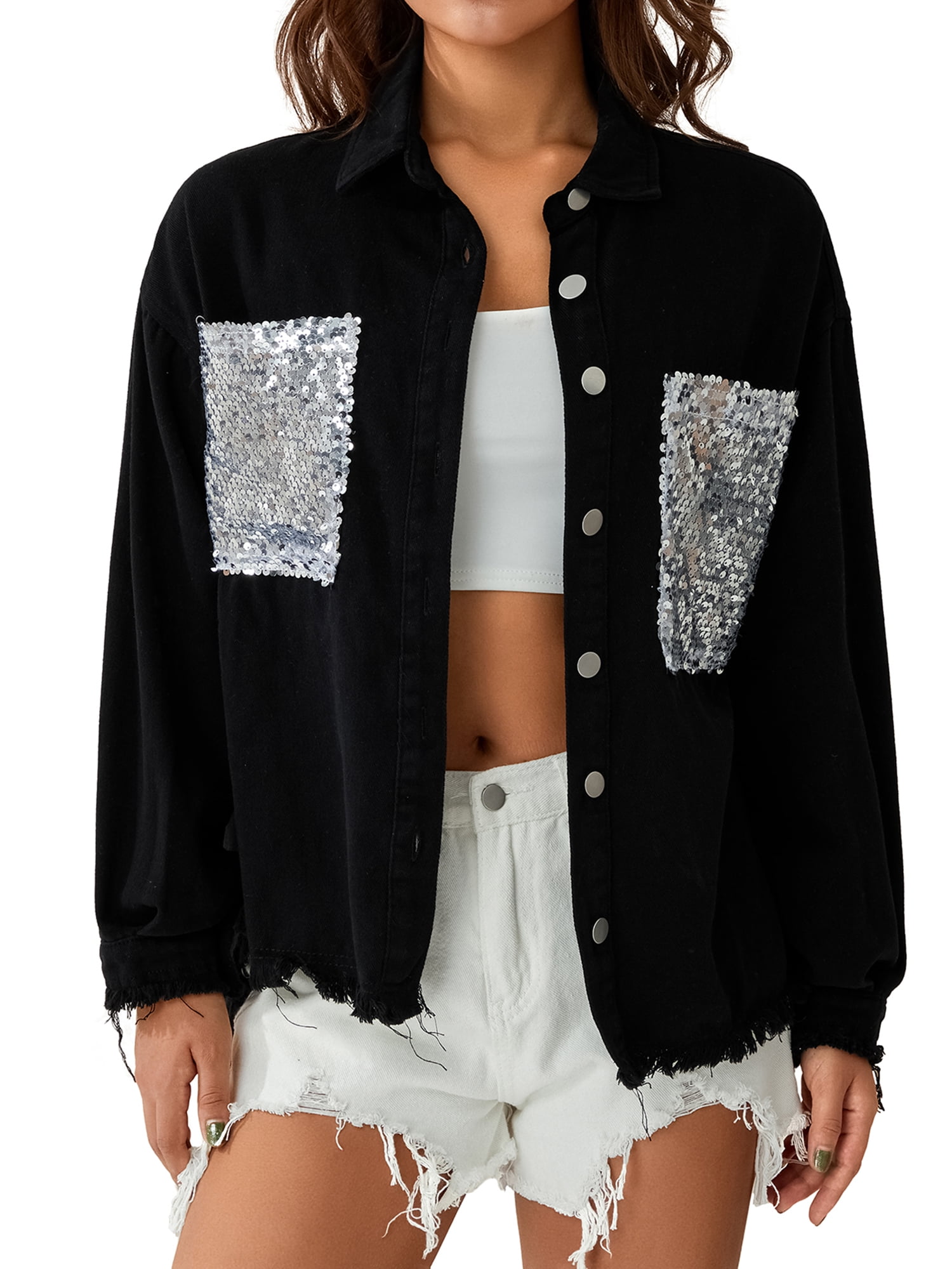 ebossy Women's Glitter Sequined Sleeve Ripped Hole Destroyed Oversized Denim  Jean Jacket (Small, Blue) at Amazon Women's Coats Shop