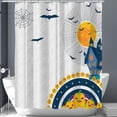 thumbnail image 1 of Halloween Themed Shower Curtain - Yellow Moon, Spooky House, Bats Lanterns - Fun Festive Design with Damask Background, 1 of 4