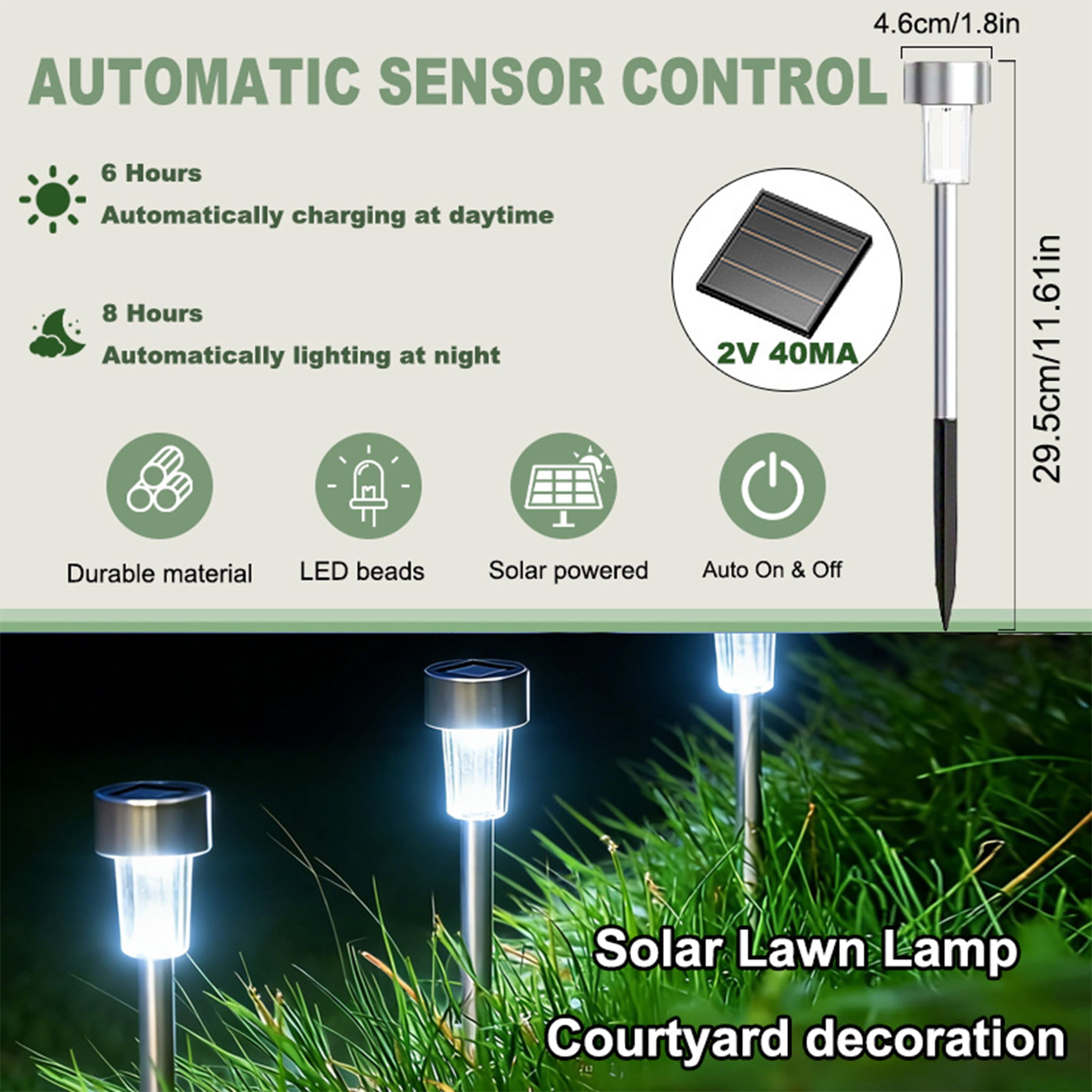 12 pack Solar Pathway Lights , White LED Outdoor Solar Lights IP44 , 11.61" Stainless Steel Garden Stake Lights for Yard, Patio, Driveway