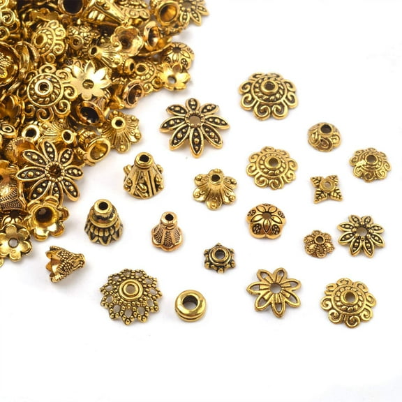 100 Gram(About 250-350pcs) Bali Style Jewelry Making Metal Bead Caps Deluxe New Mix,Antique Gold