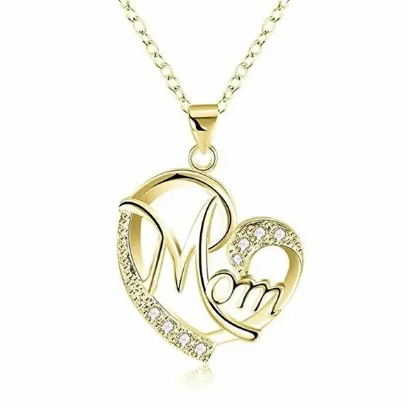 0.10 Ct Round Cut Lab-Created Moissanite Mom Heart Necklace 18" 14K Yellow Gold Plated Valentine Gift