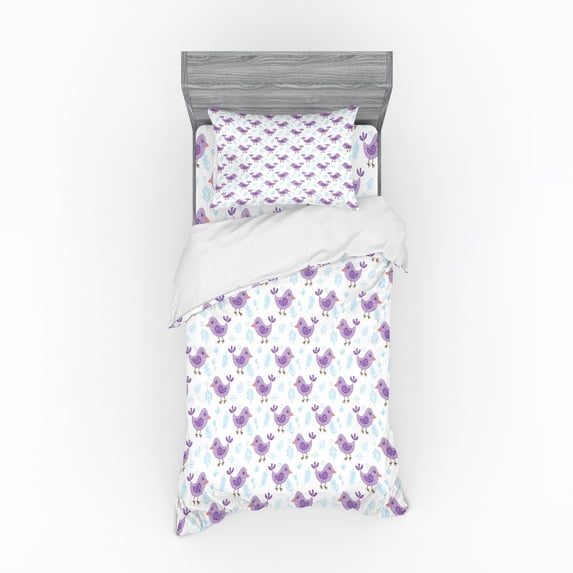 Birds Duvet Cover Set, Lullaby Themed Birds with Tiny Beaks on Doodled Leaves and Wild Herbs, Bedding Set with Shams and Fitted Sheet, 3 Sizes, by Ambesonne