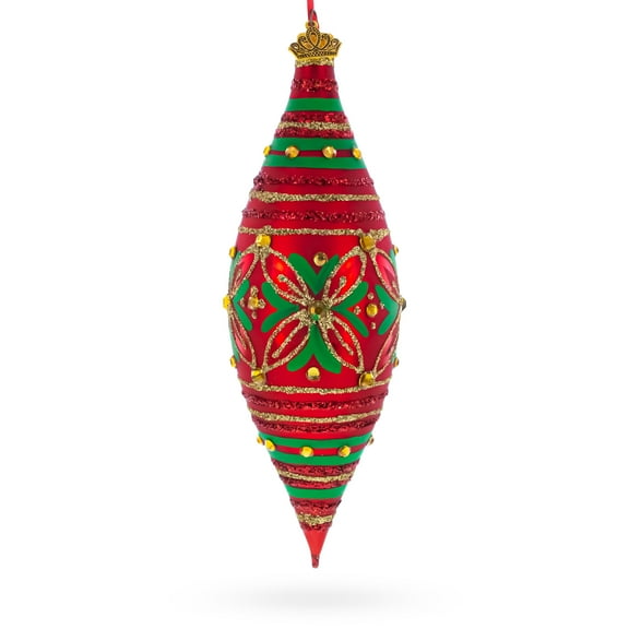 Red and Green Glitter Jeweled Elongated Pointed Teardrop Finial Glass Christmas Ornament