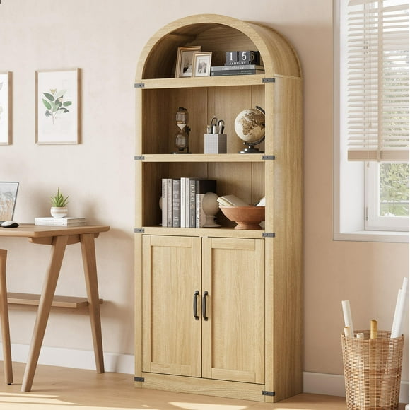 EDTara Arched Bookcase with Doors 5 Shelf Bookshelf Tall Bookcase Farmhouse Display Storage Rack Wooden Bookshelves for Home Office, Living Room