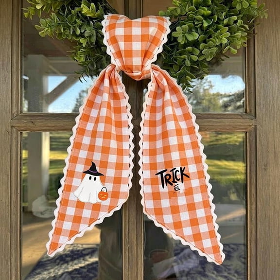Halloween Wreath Sash Bow, Plaid Ghost Print Ribbon for Front Door Wreath, Fall Garland & Farmhouse Decor