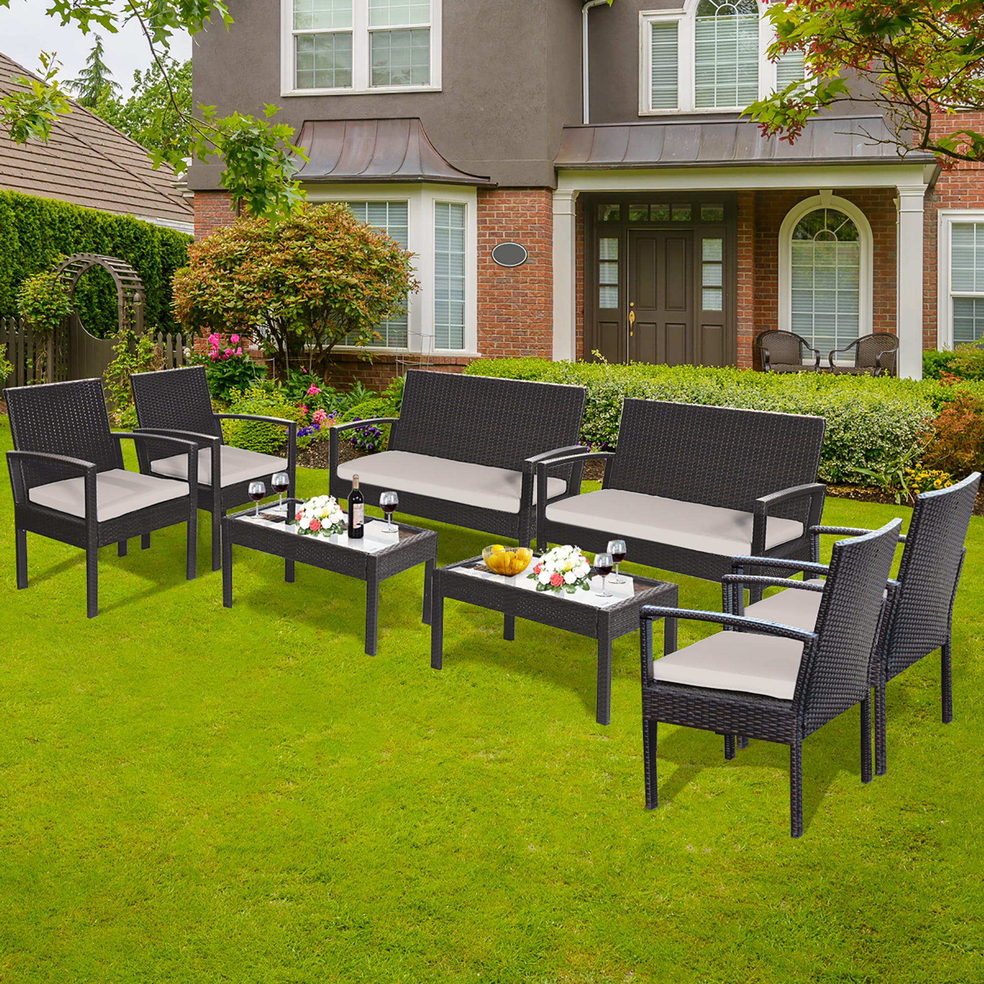 Costway 8PCS Patio Rattan Table Chair Set Cushioned Seat Garden
