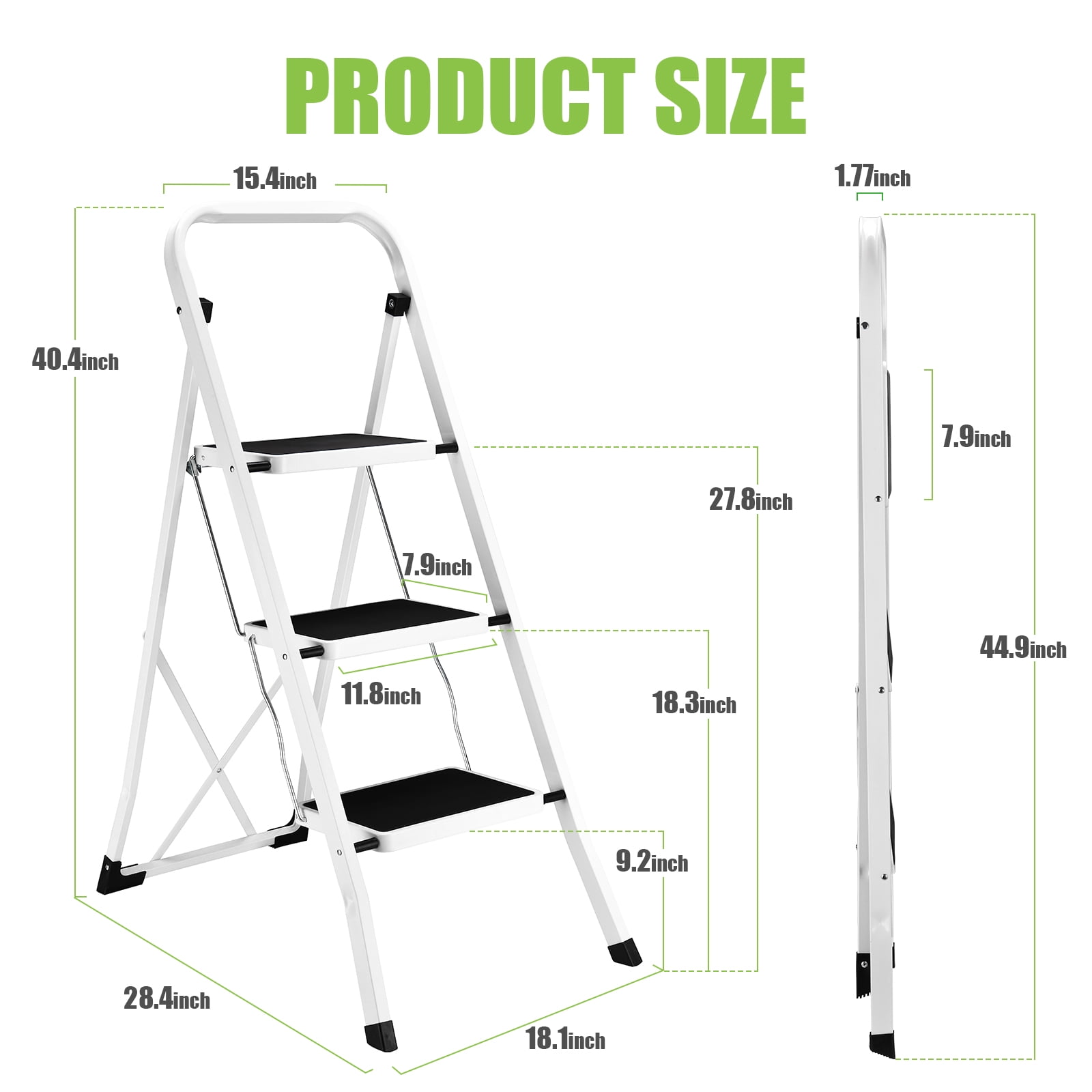 HBTower 3 Step Ladder, Lightweight Folding Step Stools for Adults with Anti-Slip Pedal, Portable Sturdy Steel Ladder with Handrails, Perfect for Kitchen & Household, 330 lbs Capacity, White