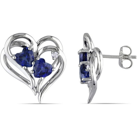Tangelo 2-1/4 Carat T.G.W. Created Blue Sapphire and Diamond-Accent Sterling Silver Double-Heart Earrings
