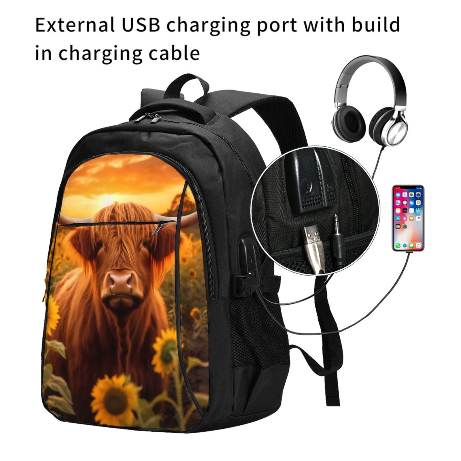 Vsdgher Vintage Sunflower Cow B Print Travel Laptop Backpack, Laptops Backpack with USB Charging Port, Water Resistant Computer Bag Gift for Men & Women