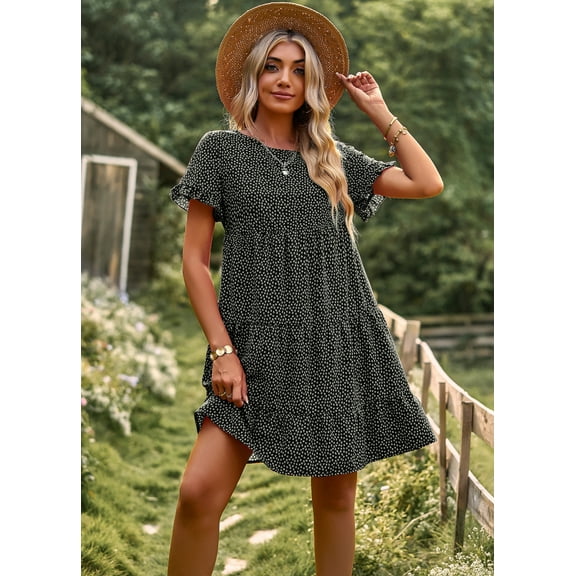 OUSIMEN Women's Casual Dress Short Sleeve Floral Dress for Women Vacation and Beach Swing Loose Sun Dress
