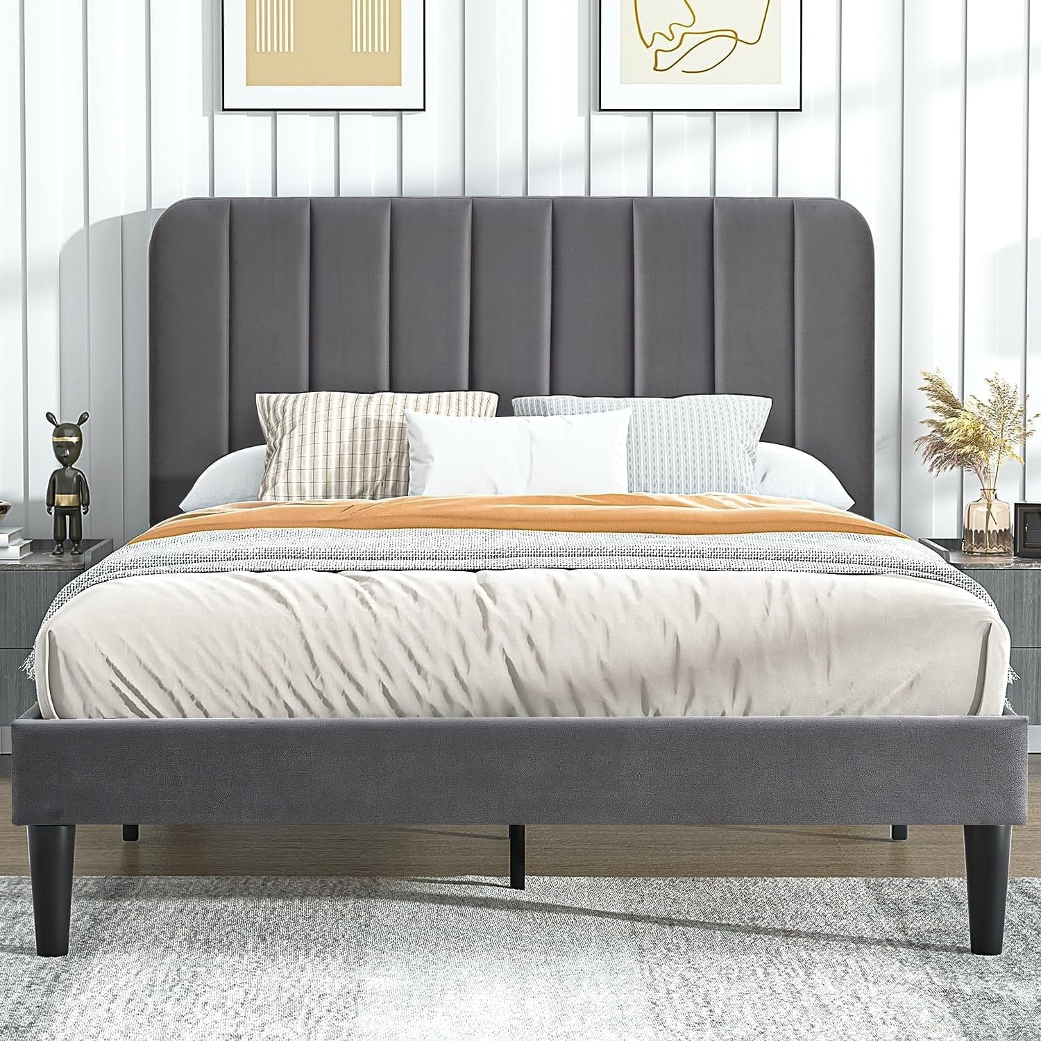 Javlergo Upholstered Bed Frame with Height-adjustable Headboard, Dark Grey  Queen