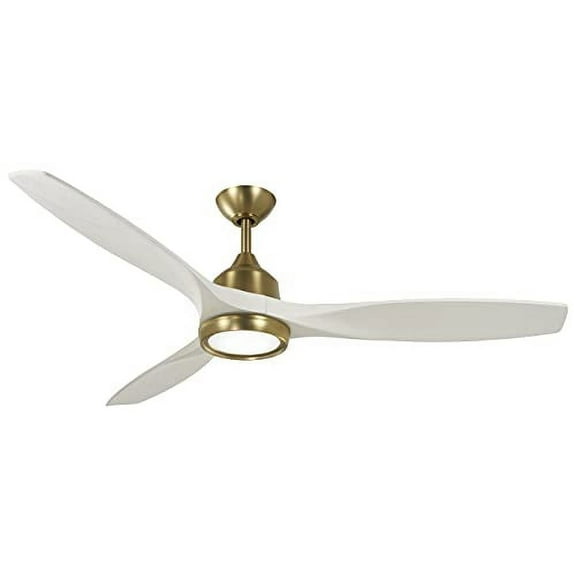 Minka-Aire F749L-SBR/WHF Skyhawk 60 Inch LED Ceiling Fan with Carved Wood Blades, Integrated LED Light and DC Motor in Soft Brass Finish with Flat White Blades