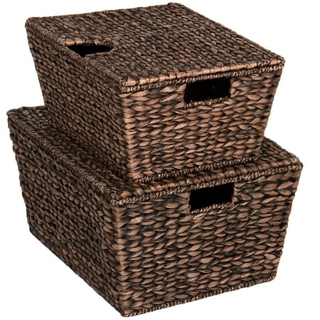 Best Choice Products Set of 2 Multipurpose Classic Water Hyacinth Woven Tapered Storage Basket Chests for Organization, Laundry, Decoration w/ Attached Lid, Handle Holes, (Best Place To Sell Longaberger Baskets)