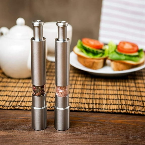 2PCS Manual Salt and Pepper Grinder Set Stainless Steel Push Button Thumb for