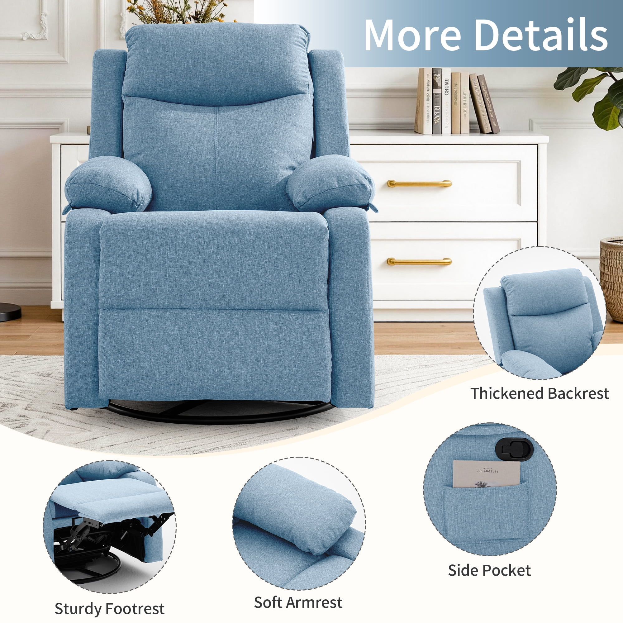 GEEYOO Manual Swivel Rocker Recliner Chair with Side Pockets,Small Recliner Chair for Small Spaces,Upholstered Linen Fabric Glider Nursery Chair for Living Room,Blue