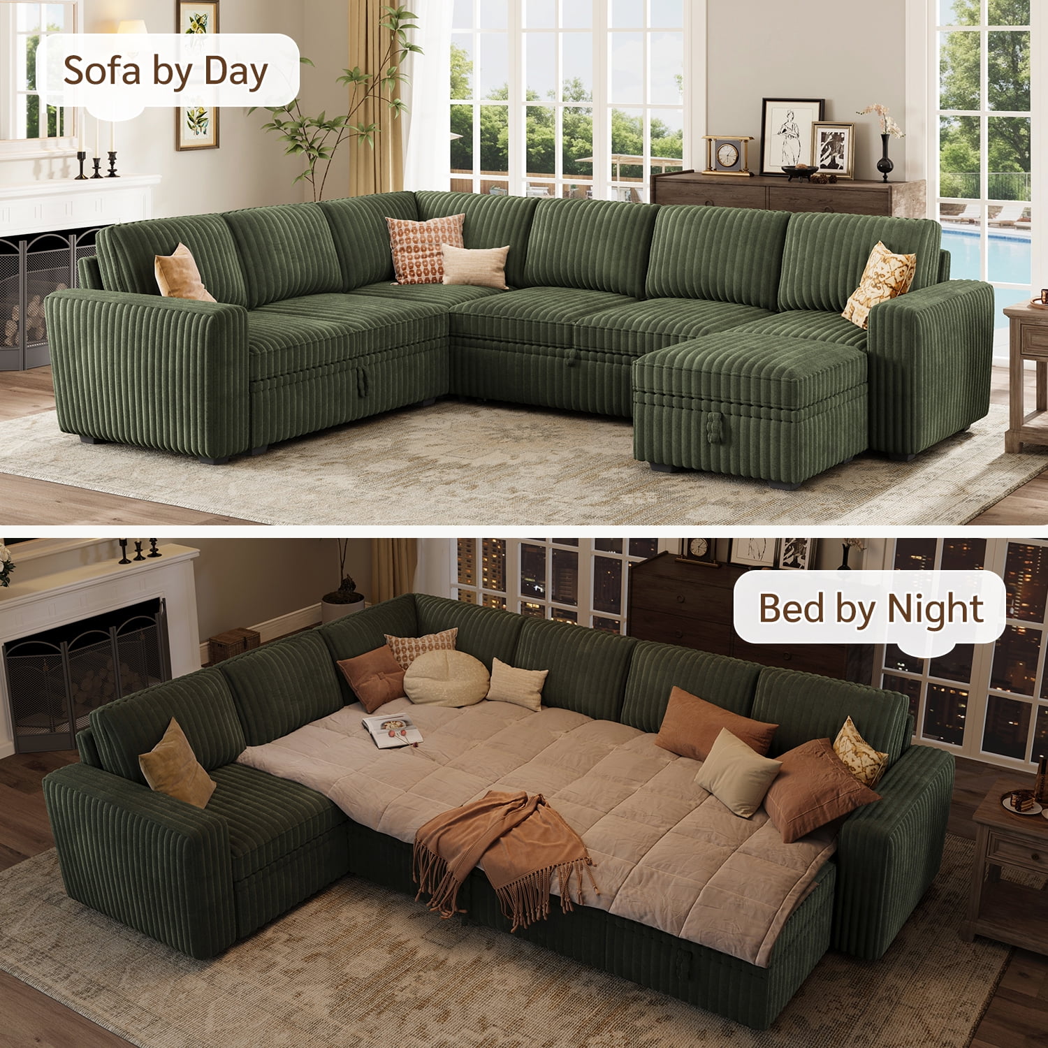 Marrber 106" U-Shaped Sectional Sleeper Sofa, 7-Seater Modular with Pull-Out Bed & Hidden Storage, Pet-Friendly Corduroy Fabric, Green