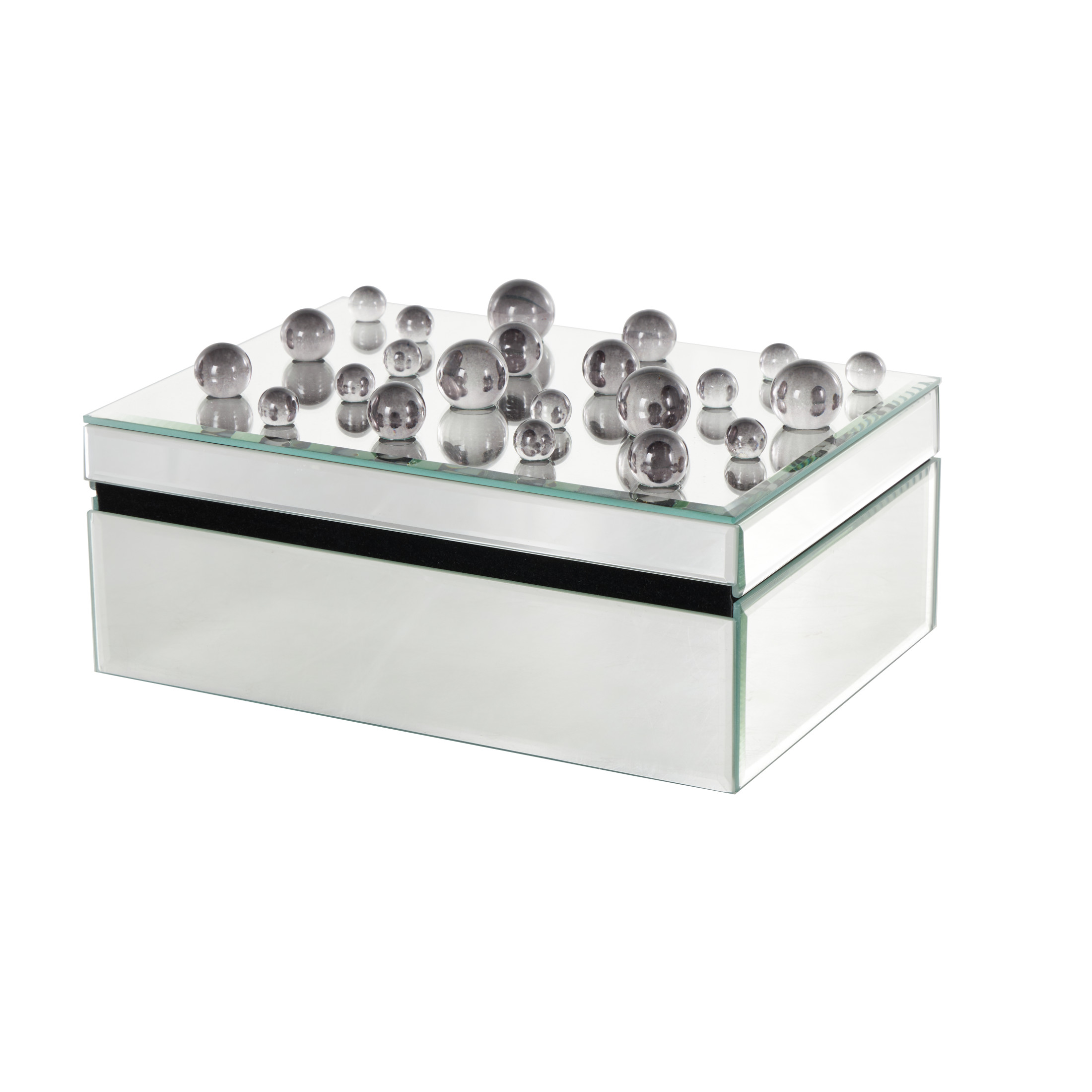 DecMode Mirrored Silver Glass Decorative Jewelry Box with Black Bubble Textured Balls