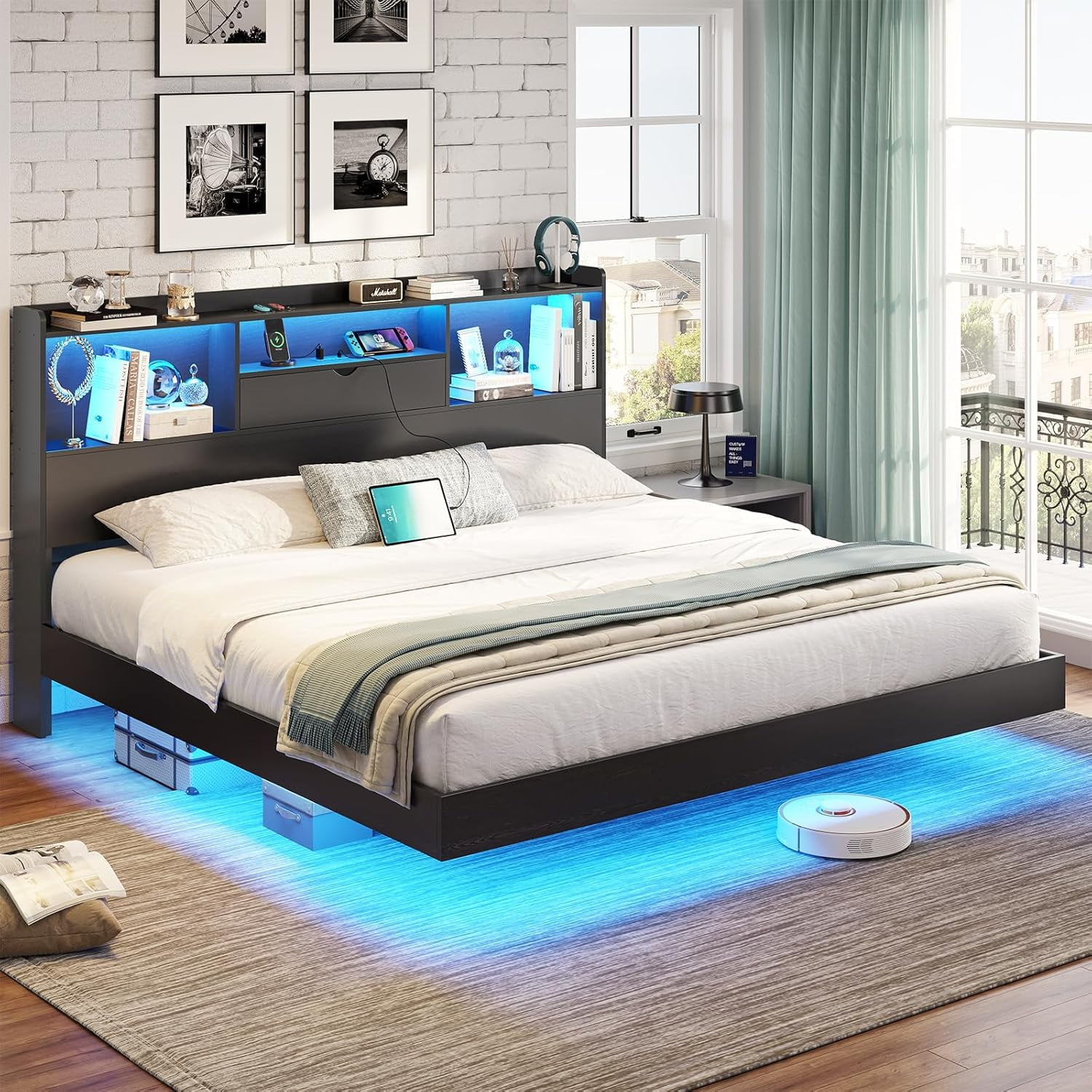 Floating Bed Frame California King Size with Storage Headboard California King Metal Platform Bed with LED Lights & Charging Station, No Box Spring Need, Black
