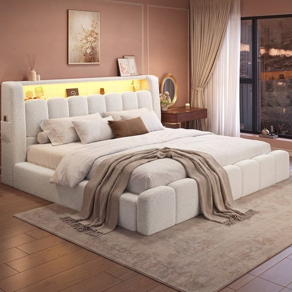 Afuhokles King Size Cloud Bed Frame, Thickened Foam Cushioned with Storage Headboard, LED Lights, Charging Station, Cream White