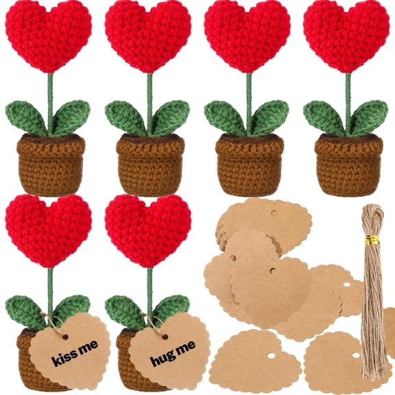 Hotop 56 Pcs Valentine's Day Crochet Heart Gifts Heart Potted Plant Artificial Knitted Plants with 50 Tags Strings Anniversary Birthday Gift for Couples Husband Wife (Red) C113