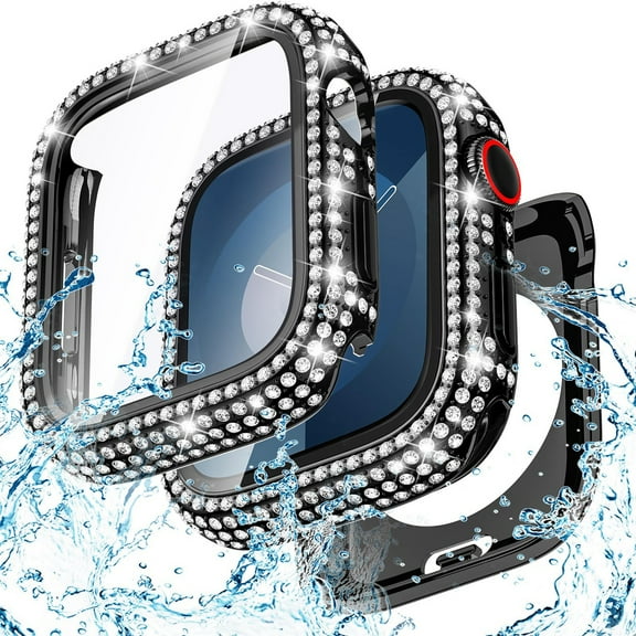 Dwitch 2-in-1 Waterproof Bling Bumper Case with Screen Protector for Apple iWatch Series 10 46mm, 2-Packs Glitter Rhinestone Face Cover for iWatch Series 10 46mm Accessories,Black